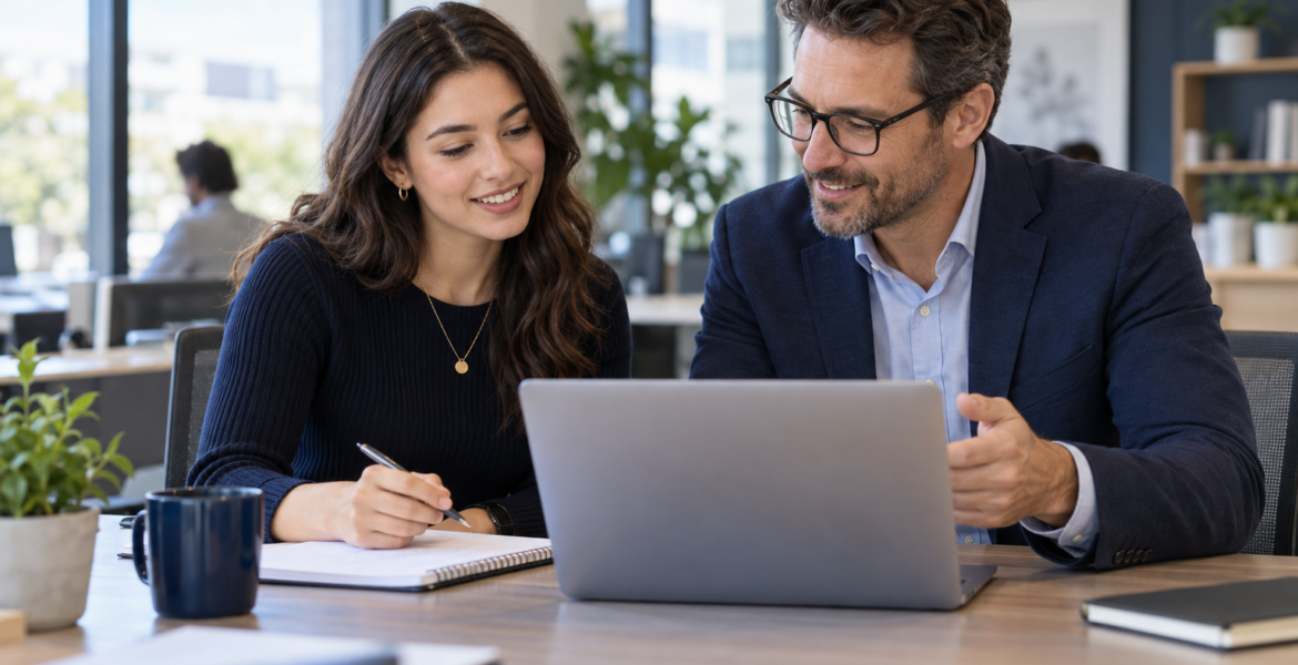 A new employee and mentor reviewing work together at an office desk.