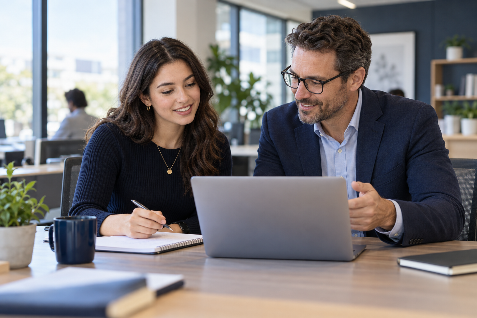 A new employee and mentor reviewing work together at an office desk.