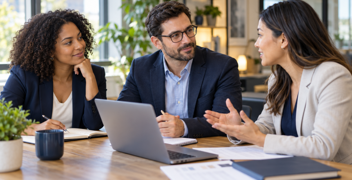 Three business professionals discussing hiring requirements at an office table.