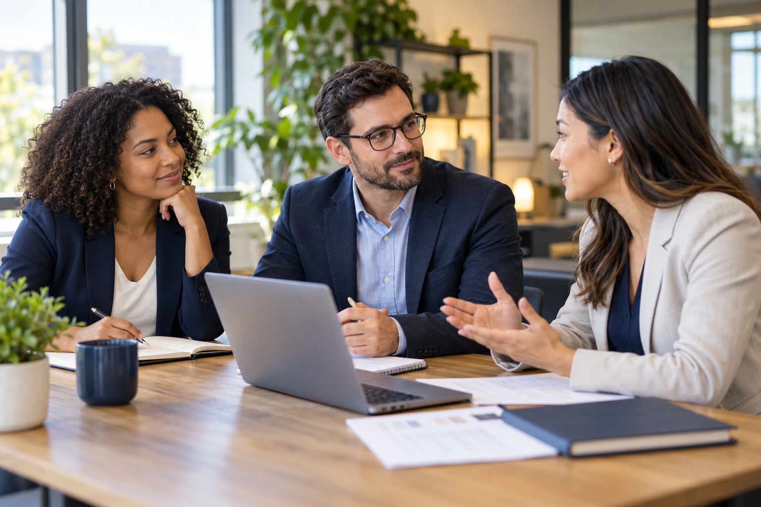Three business professionals discussing hiring requirements at an office table.