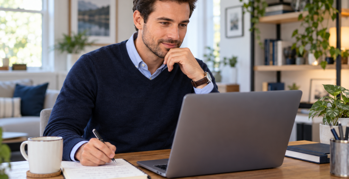 A candidate preparing for a recruiter conversation with a laptop and notebook.