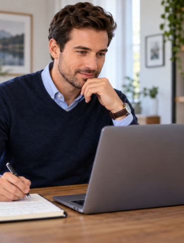 A candidate preparing for a recruiter conversation with a laptop and notebook.