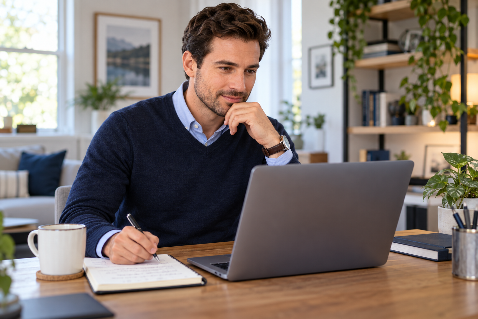 A candidate preparing for a recruiter conversation with a laptop and notebook.
